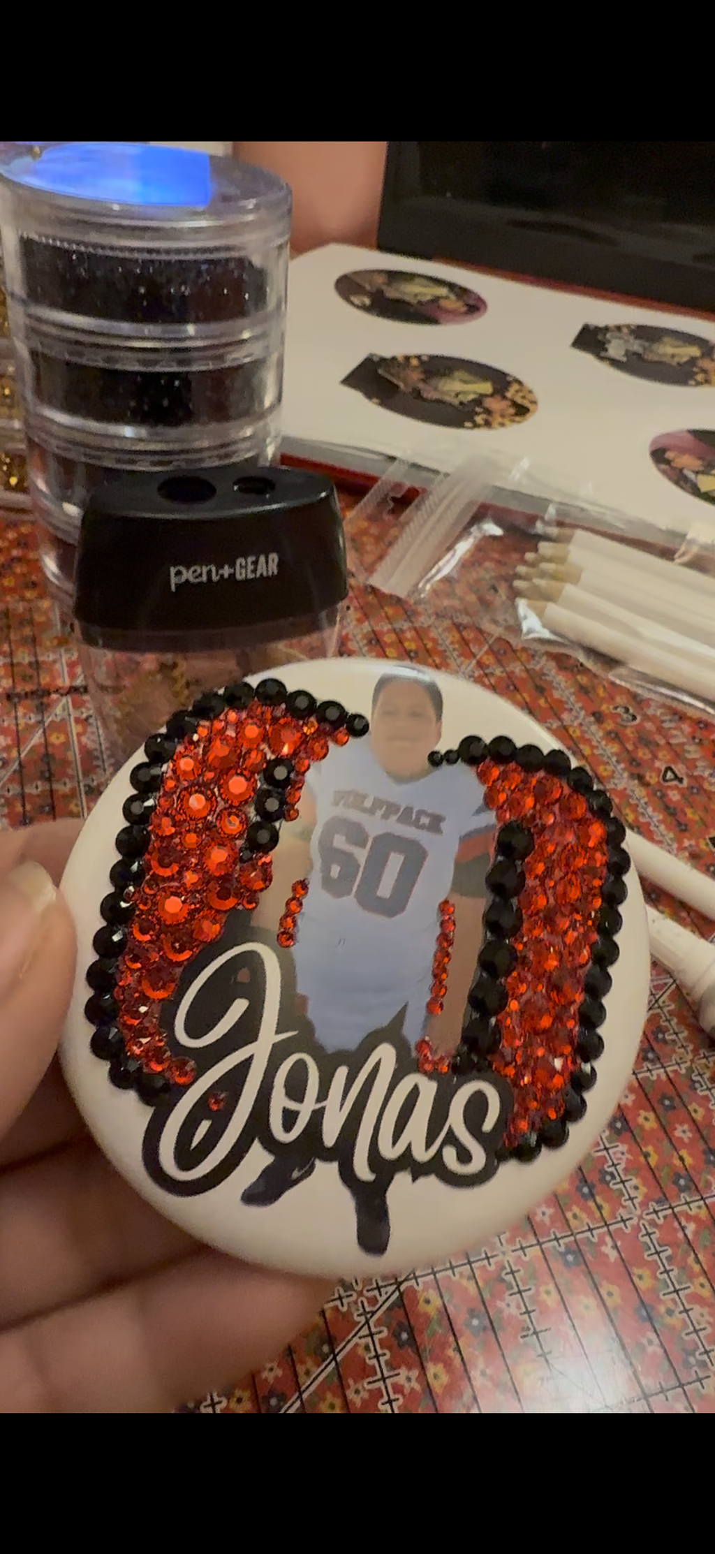 Custom Bling Athlete Button- Rhinestone Number Edition