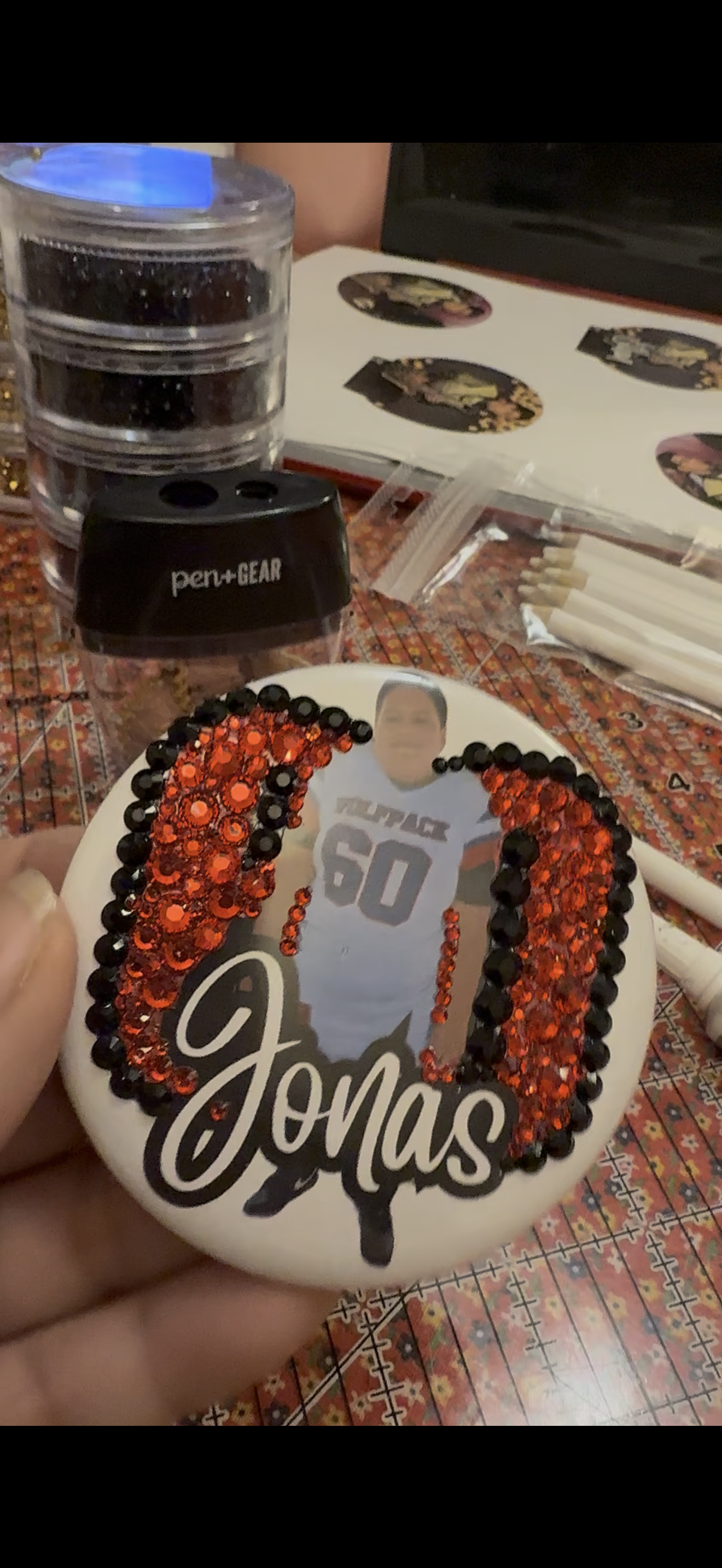 Custom Bling Athlete Button- Rhinestone Number Edition