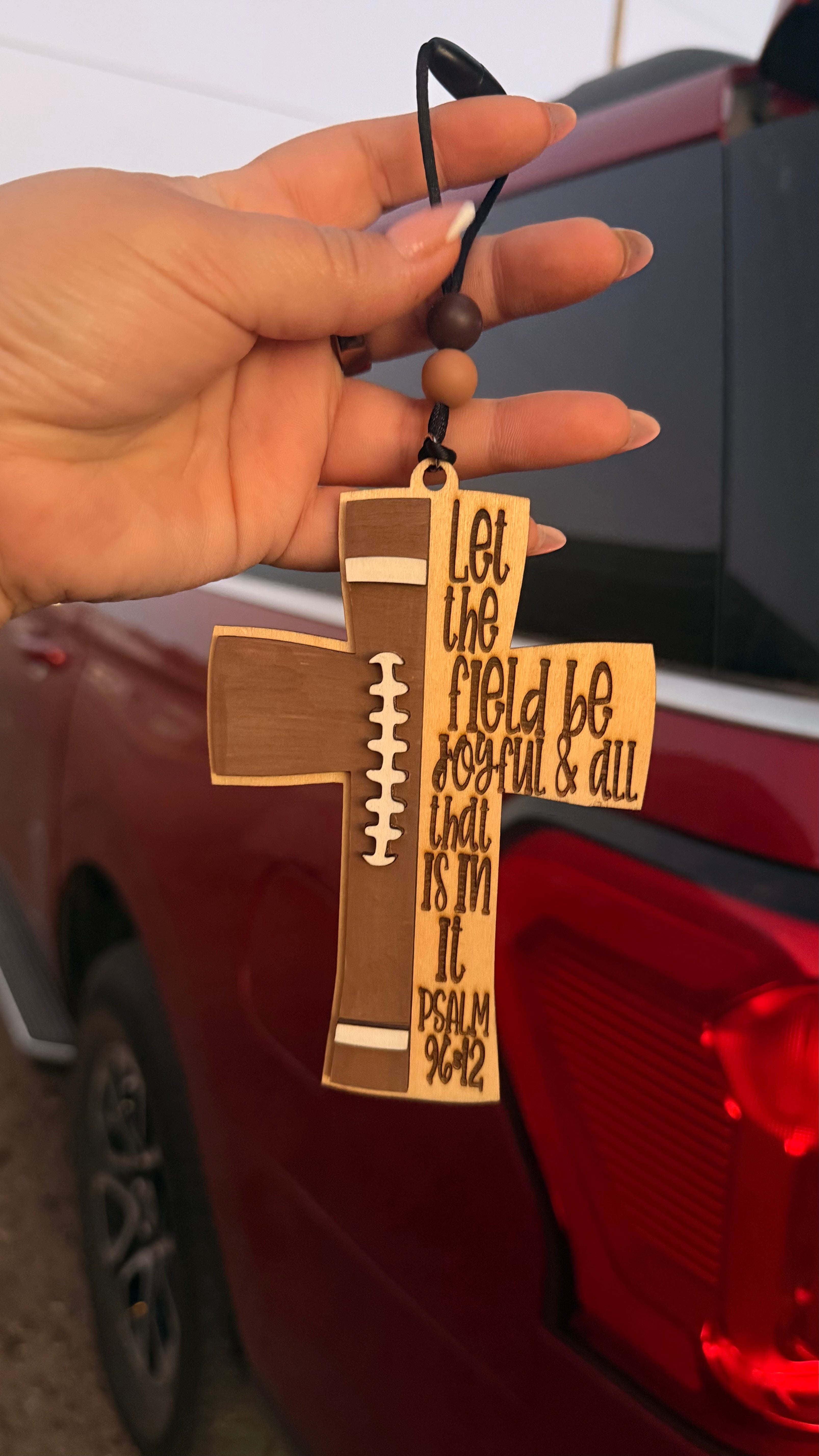 Wooden Cross Football Car Charm for Rear-View Mirror or Ornament