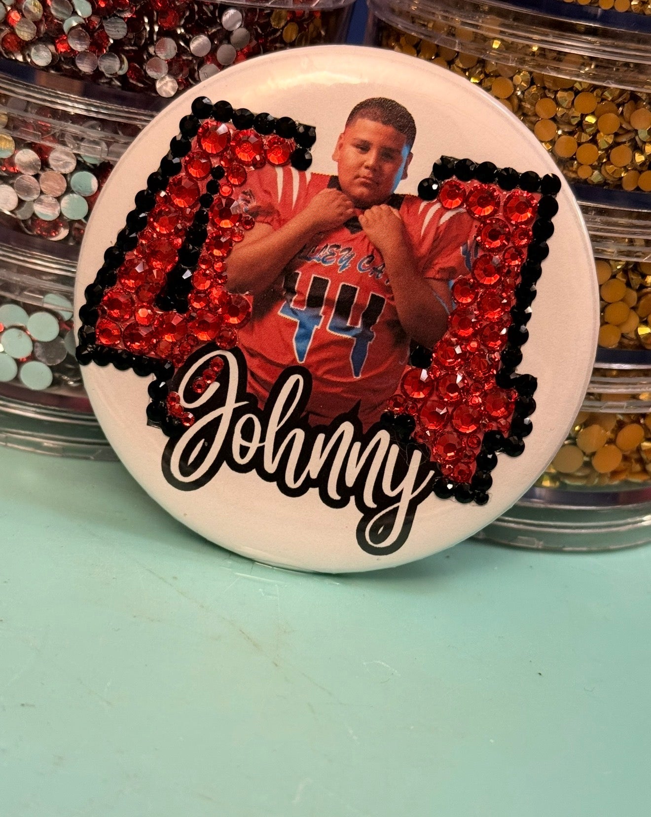 Custom Bling Athlete Button- Rhinestone Number Edition