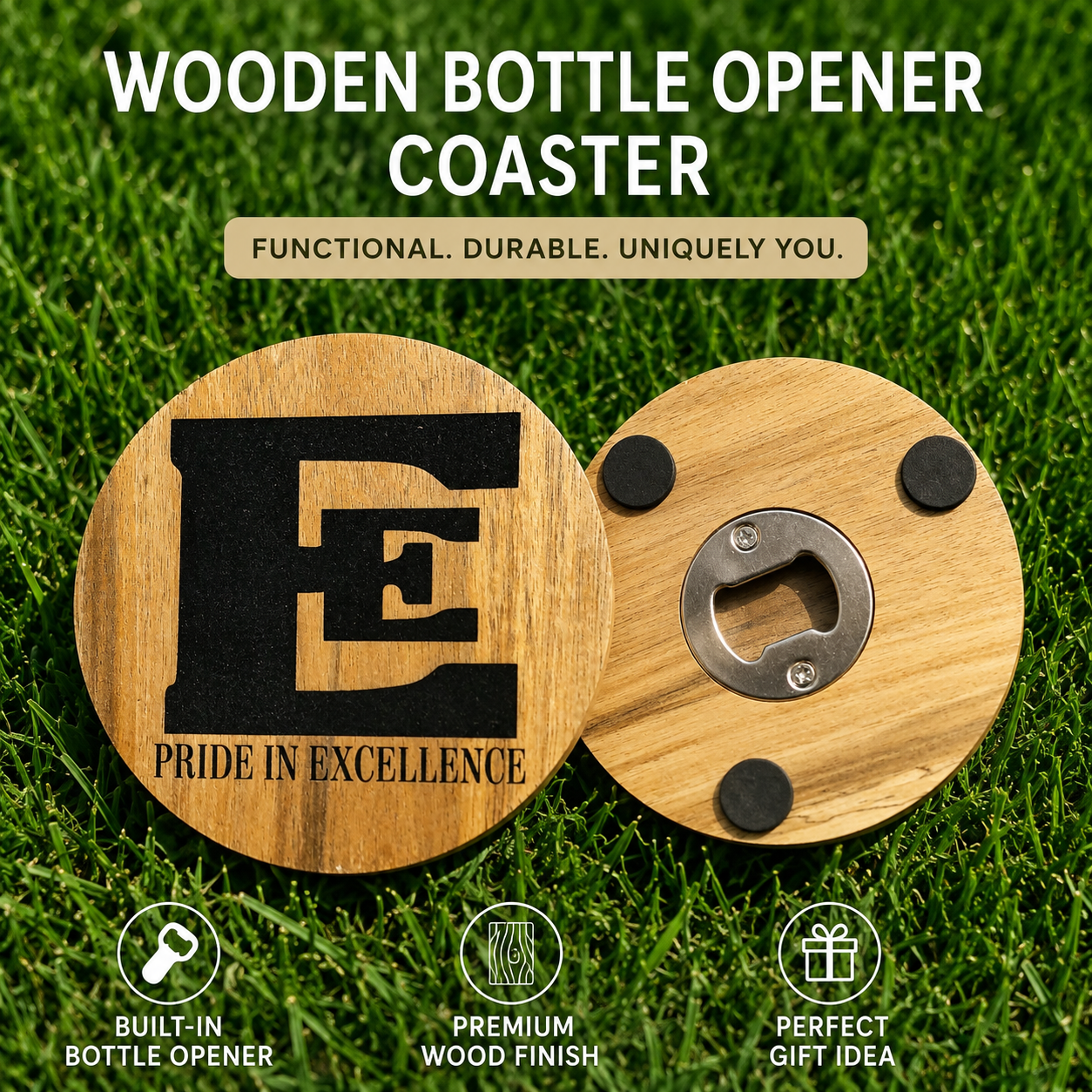 CUSTOM ENGRAVED WOODEN BOTTLE OPENER- PERSONALIZED LOGO WOODEN DRINK COASTER